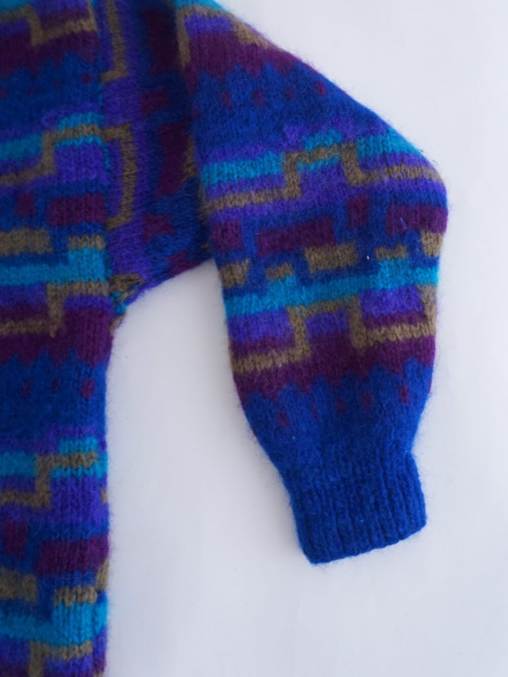 Handmade Nepal Blue Purple Geometric Fuzzy Wool Nordic Knit Sweater Nordic L - Picture 4 of 10